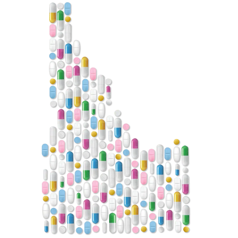 State of Idaho rendered as a mosaic of pills and capsules